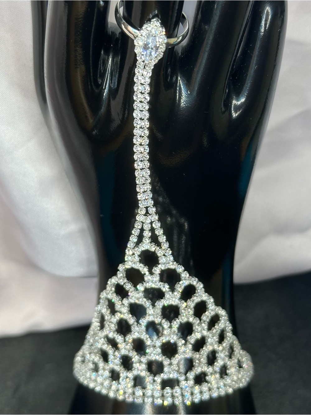 Silver Rhinestone Hand Chain Bracelet Ring Adjustable Bridal Prom Statement